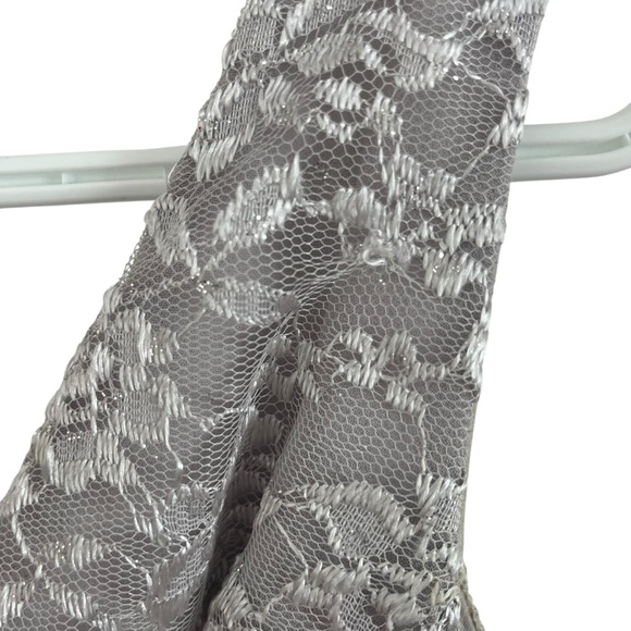 Silver Lace Chiffon Dress S Glam Formal Gown w/ Brooch Mother of the Bride Prom - Picture 10 of 16